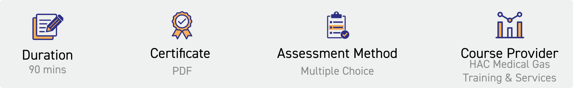duration: 90 mins. Certificate: pdf. Assessment Method: multiple choice. Course Provider: HAC Medical Gas Training & Services